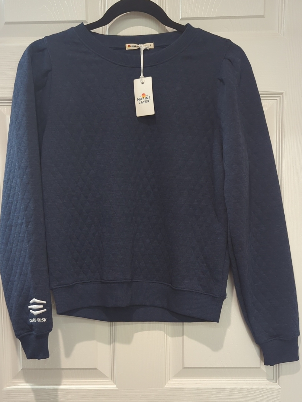 Marine Layer Navy Quilted Crew Sweatshirt with Sleeve Logo